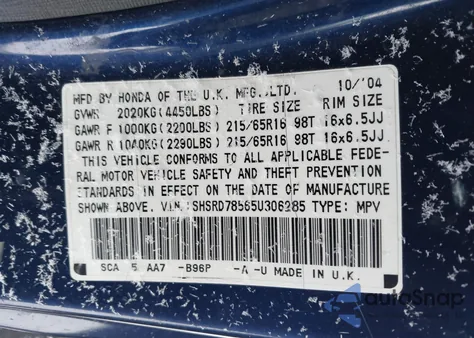2005 Honda Cr-V Lx z USA, uszkodzony, nr VIN SHSRD78565U306285